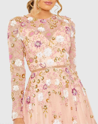 Mac Duggal Pink Sequined Floral Long Sleeve High Neck Midi Dress Duggal