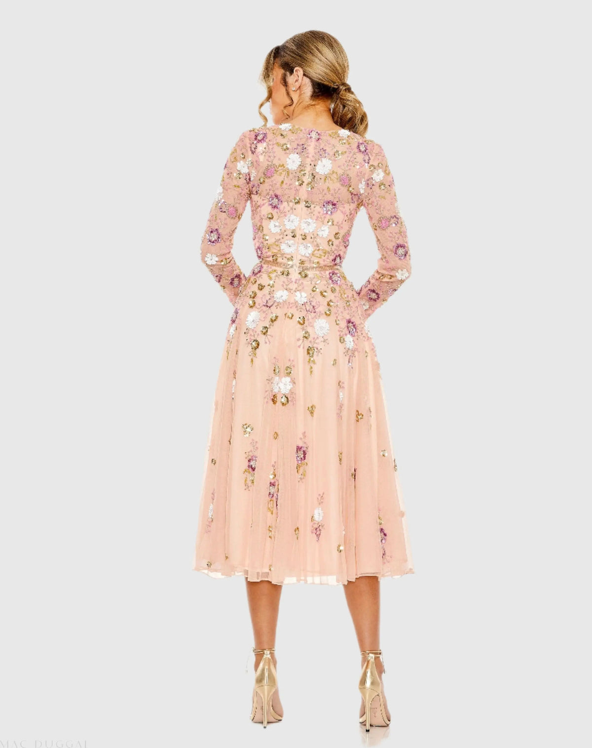 Mac Duggal Pink Sequined Floral Long Sleeve High Neck Midi Dress Duggal