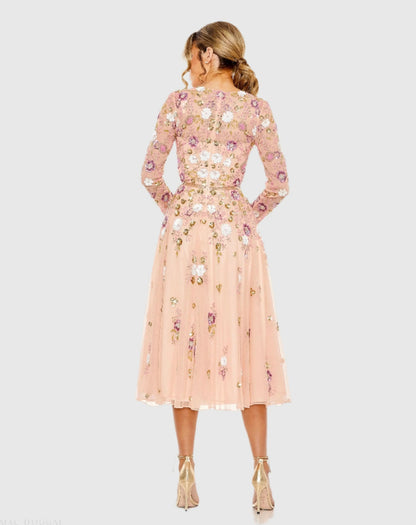 Mac Duggal Pink Sequined Floral Long Sleeve High Neck Midi Dress Duggal