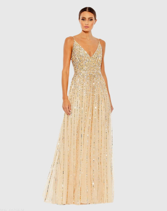 Mac Duggal Beige Sequined Sleeveless Wrap Over A Line Gown Duggal