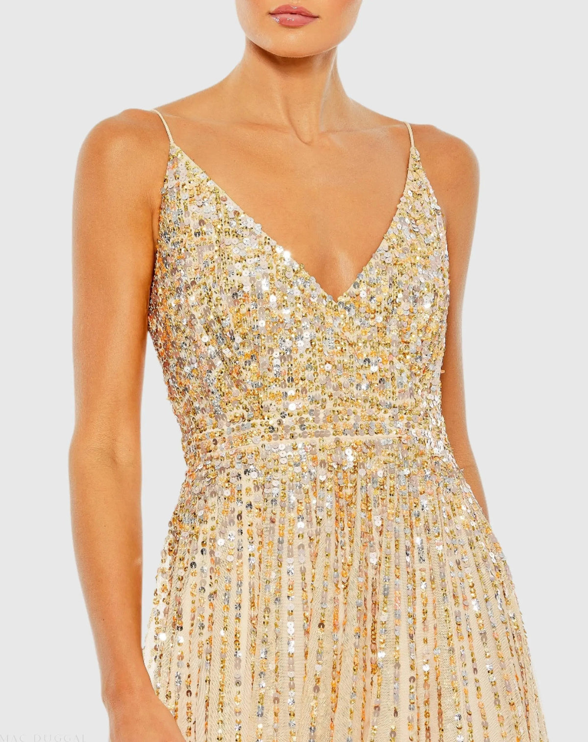 Mac Duggal Beige Sequined Sleeveless Wrap Over A Line Gown Duggal