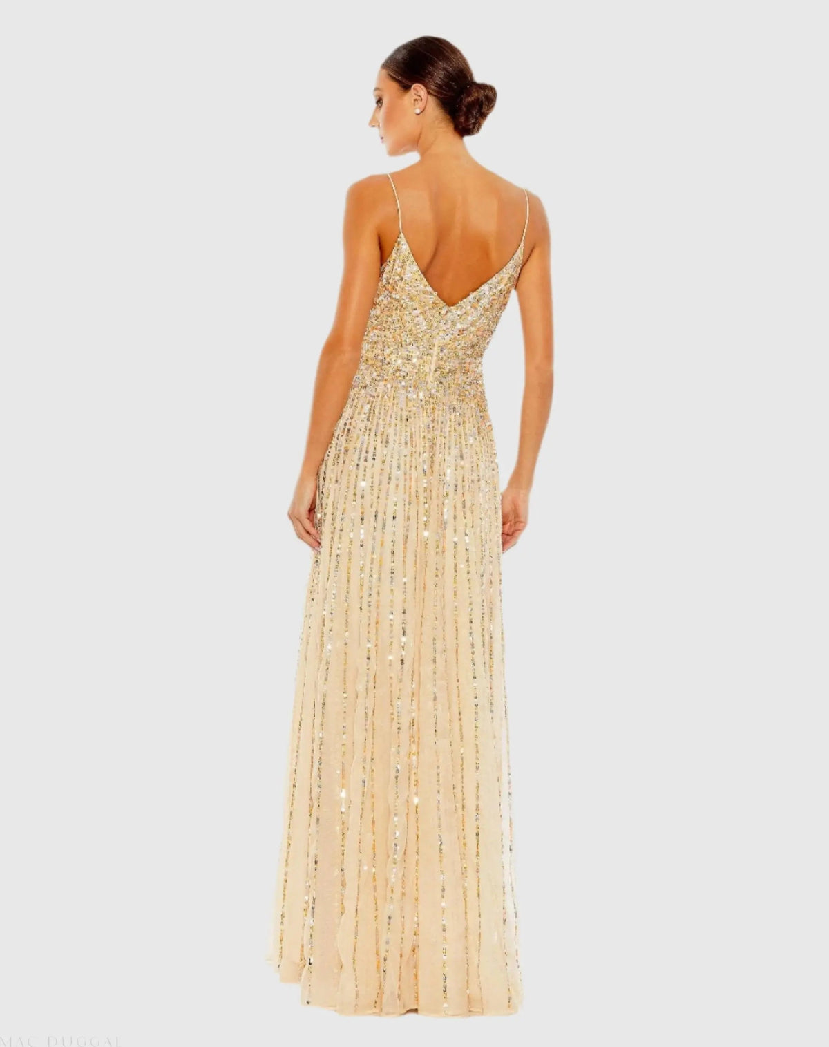 Mac Duggal Beige Sequined Sleeveless Wrap Over A Line Gown Duggal