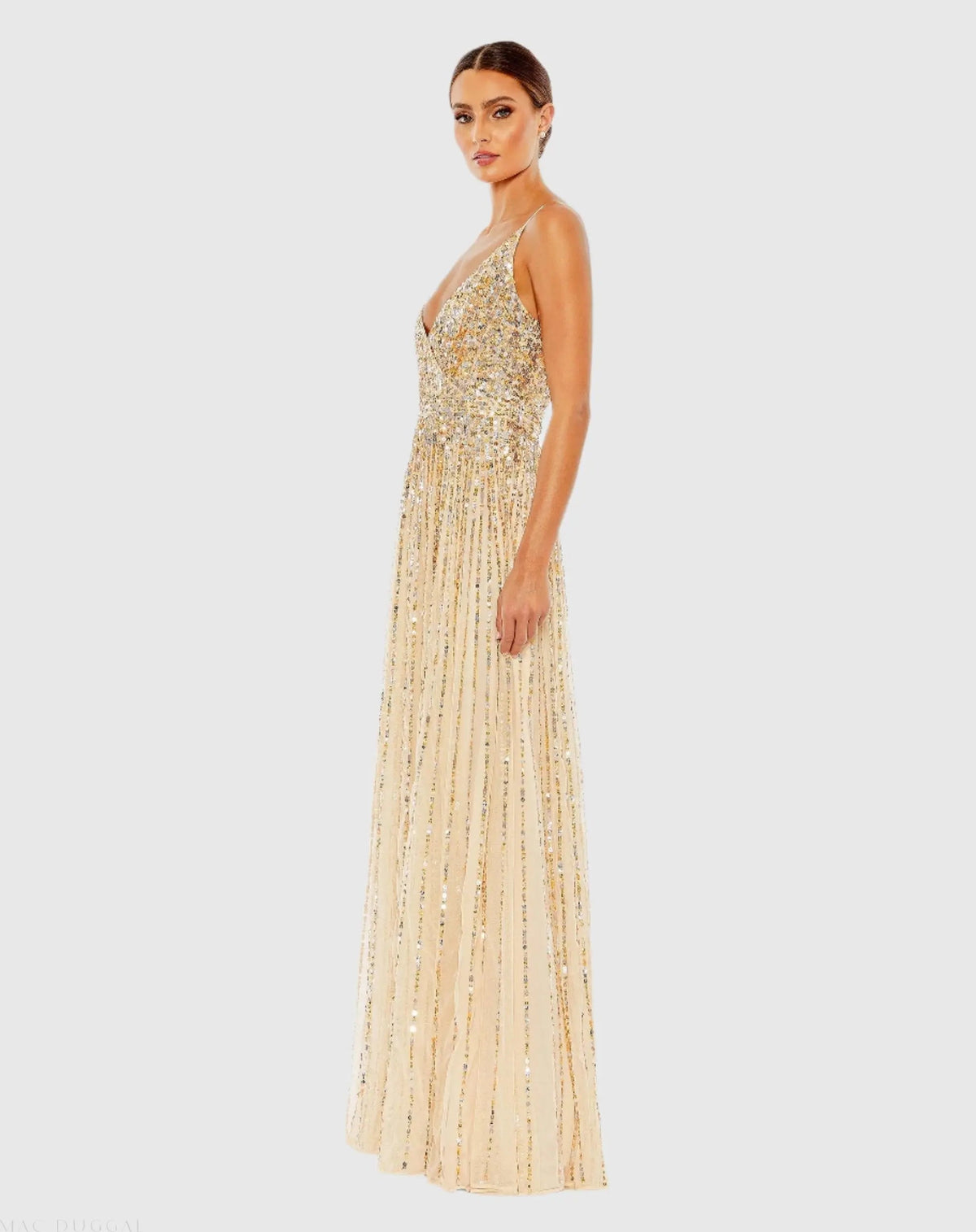 Mac Duggal Beige Sequined Sleeveless Wrap Over A Line Gown Duggal