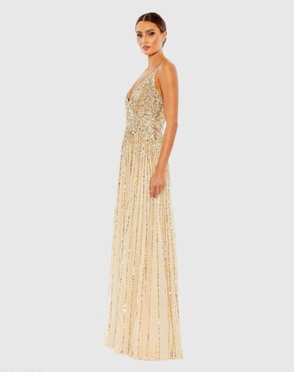Mac Duggal Beige Sequined Sleeveless Wrap Over A Line Gown Duggal