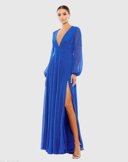 Mac Duggal Blue V-Neck Illusion Long Sleeve Chiffon Gown Duggal
