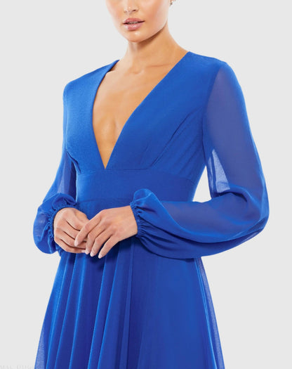 Mac Duggal Blue V-Neck Illusion Long Sleeve Chiffon Gown Duggal