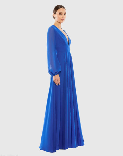 Mac Duggal Blue V-Neck Illusion Long Sleeve Chiffon Gown Duggal