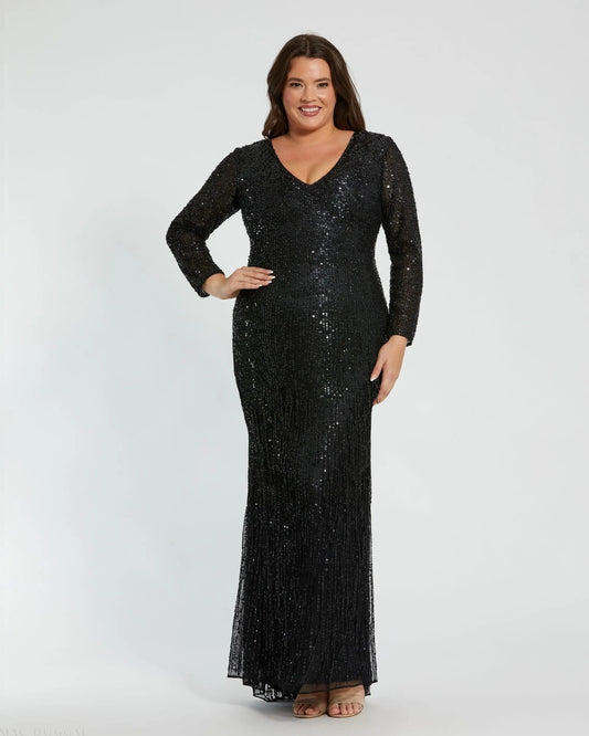 Mac Duggal Long Sleeve V-Neck Beaded Fringe Gown Duggal