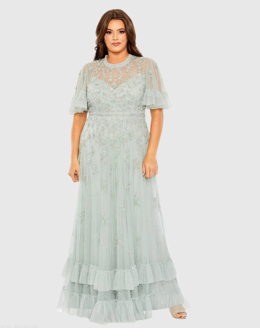 Mac Duggal Green Embellished Flutter Sleeve Ruffle Tiered Gown Duggal