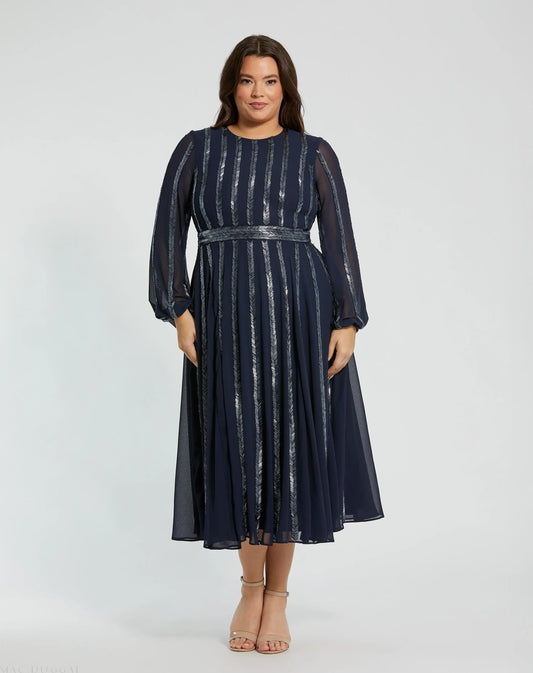 Mac Duggal Navy Long Sheer Sleeve Sequin Dress (Plus)
