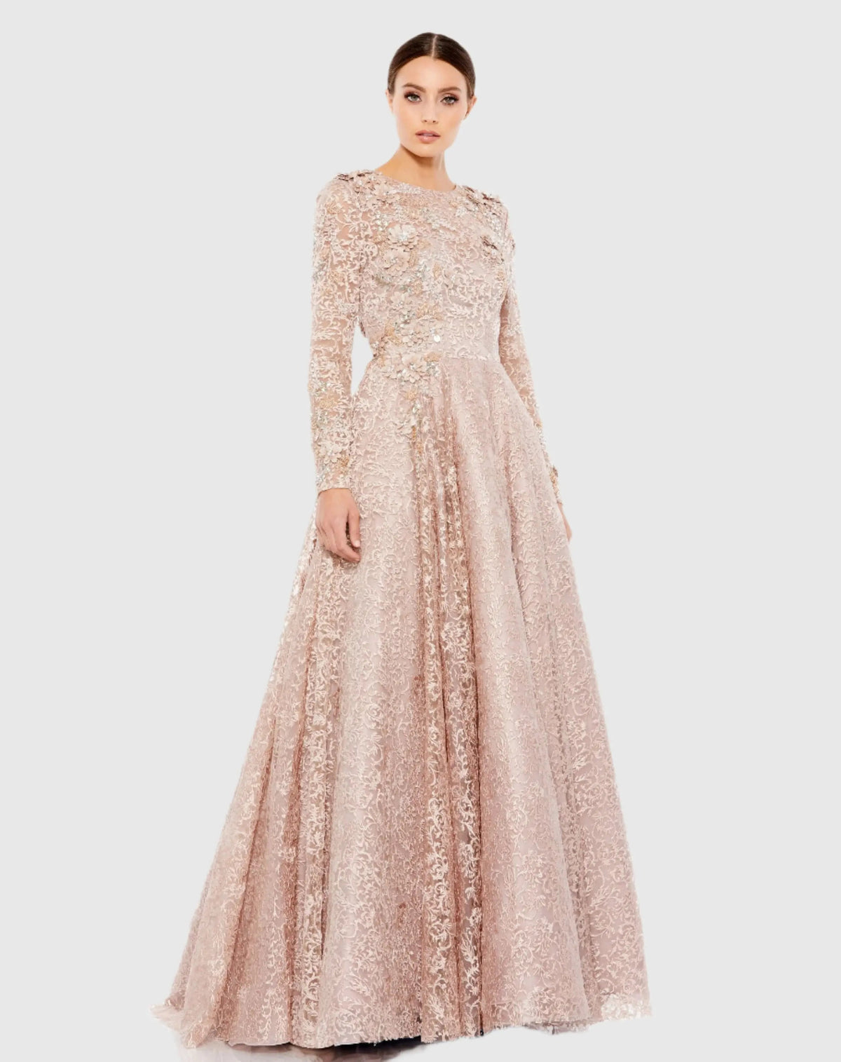 Mac Duggal Pink Embellished Illusion Long Sleeve A Line Gown Duggal