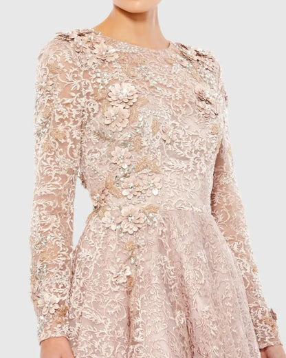 Mac Duggal Pink Embellished Illusion Long Sleeve A Line Gown Duggal