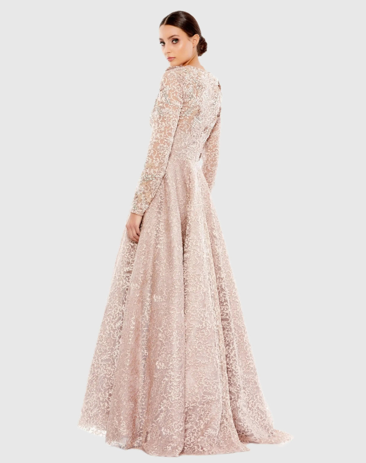 Mac Duggal Pink Embellished Illusion Long Sleeve A Line Gown Duggal