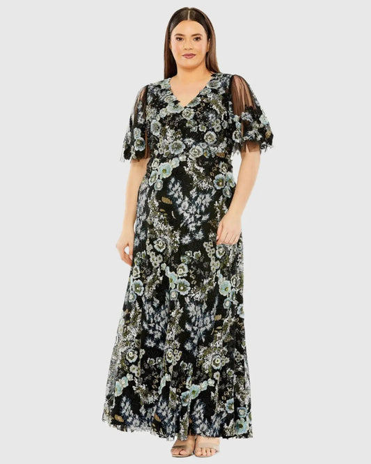 Mac Duggal Black Sheer Sleeve V-Neck Floral Embroidered Gown (Plus)