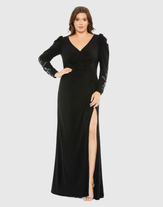 Mac Duggal Embellished Long Sleeve Faux Wrap Gown (Plus) Duggal