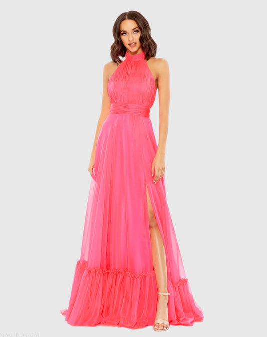 Mac Duggal Pink High Neck Tiered Chiffon Halter Gown Duggal