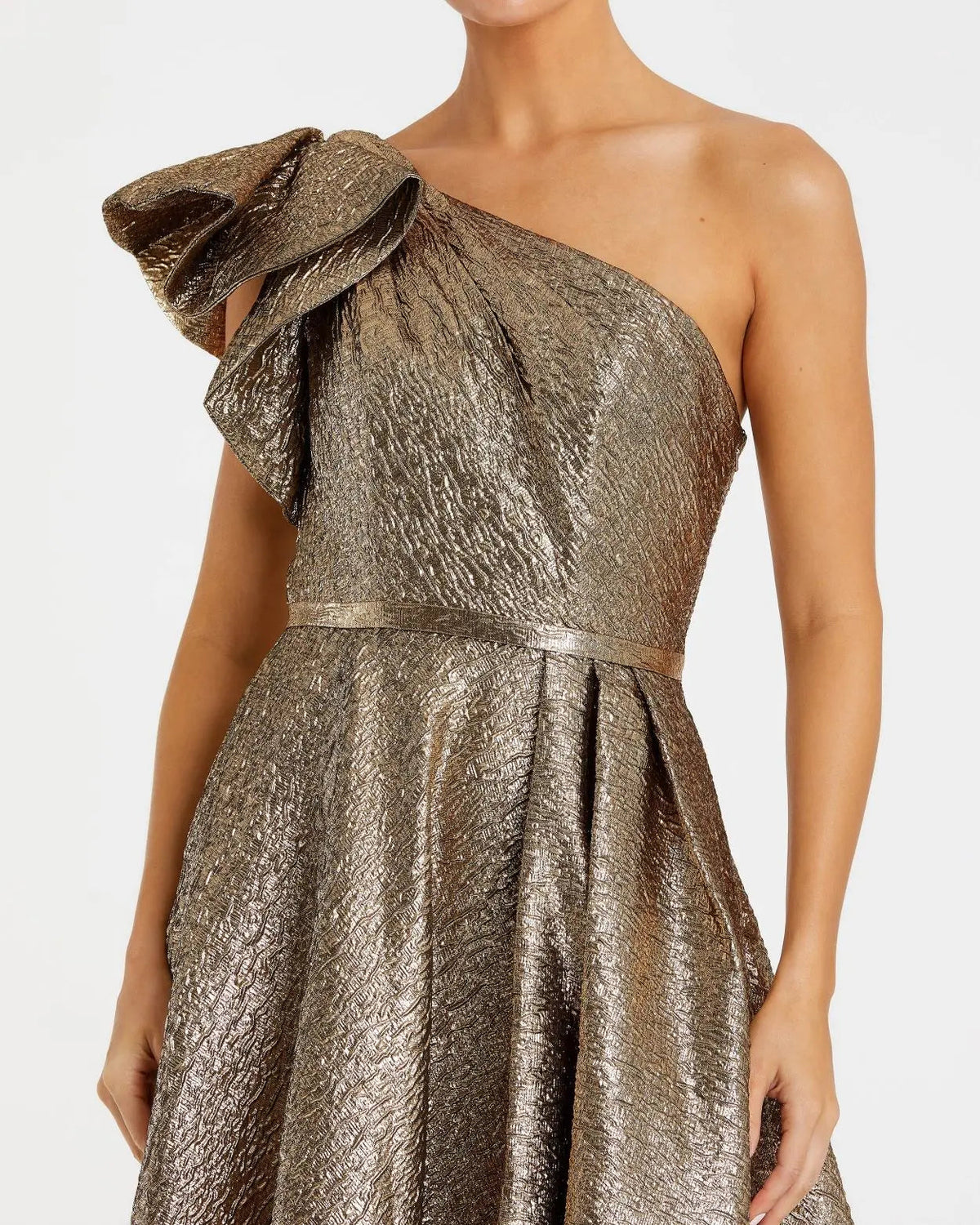 Mac Duggal Gold One Shoulder Metallic Ball Gown