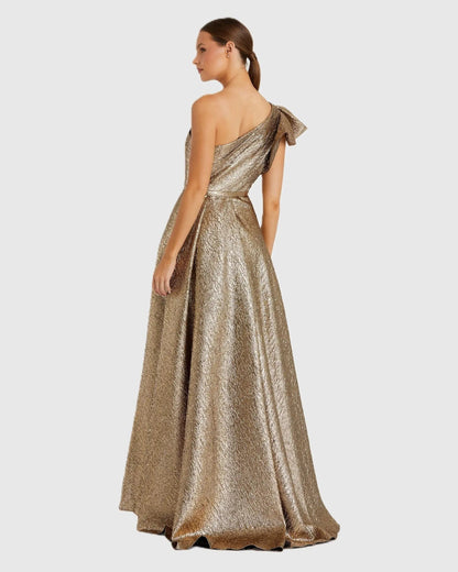 Mac Duggal Gold One Shoulder Metallic Ball Gown