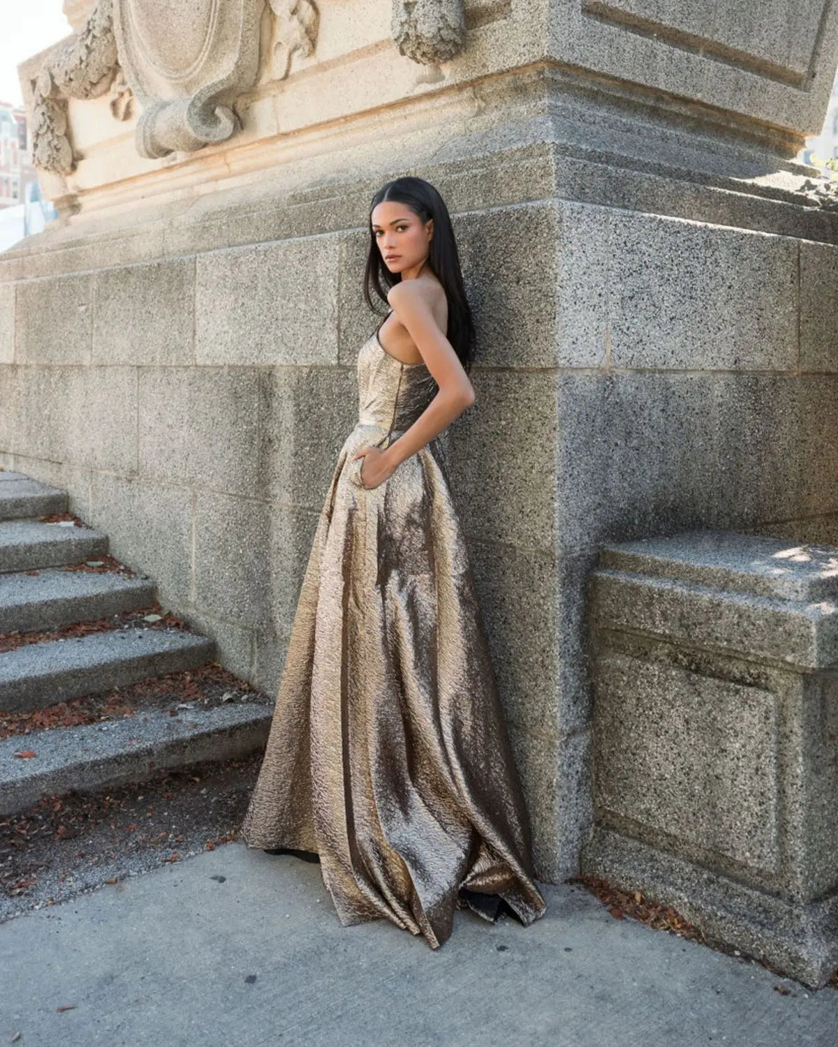 Mac Duggal Gold One Shoulder Metallic Ball Gown