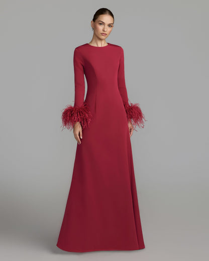 Mac Duggal Maroon Feather Cuff Long Sleeve A-Line Gown