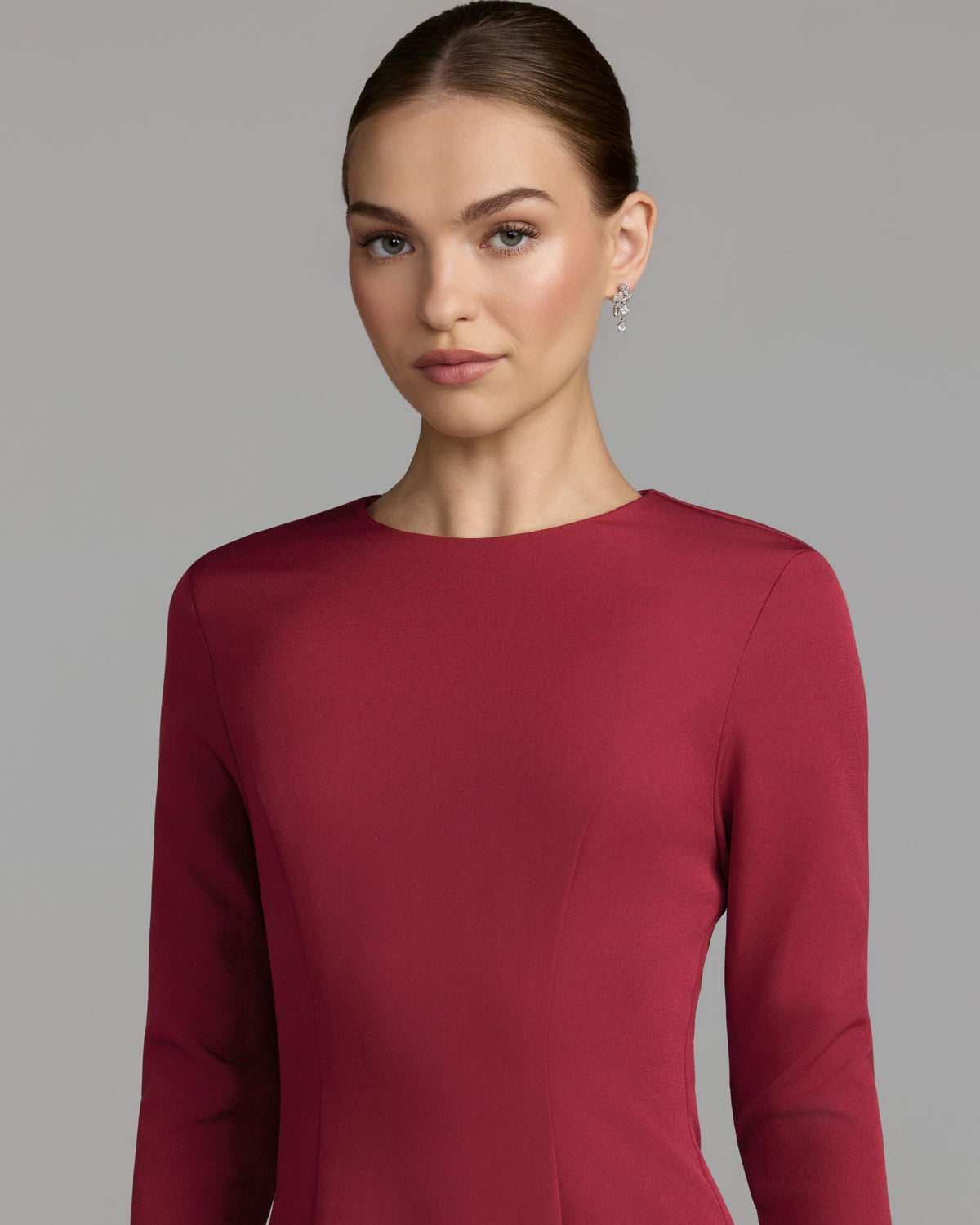 Mac Duggal Maroon Feather Cuff Long Sleeve A-Line Gown