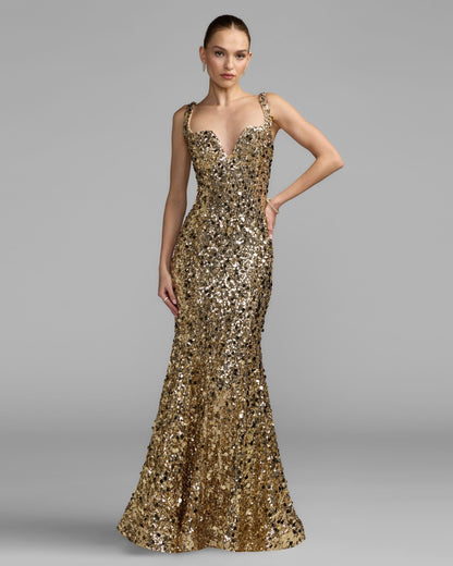 Mac Duggal Gold Mixed Sequin Mermaid Gown