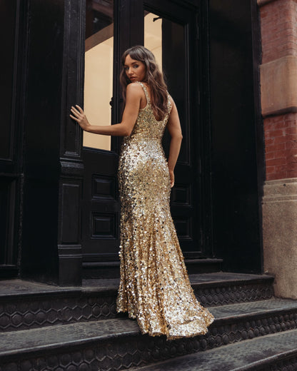Mac Duggal Gold Mixed Sequin Mermaid Gown