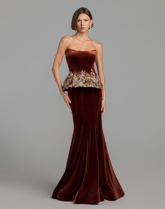 Mac Duggal Cognac Brown Strapless Embellished Velvet Peplum Gown