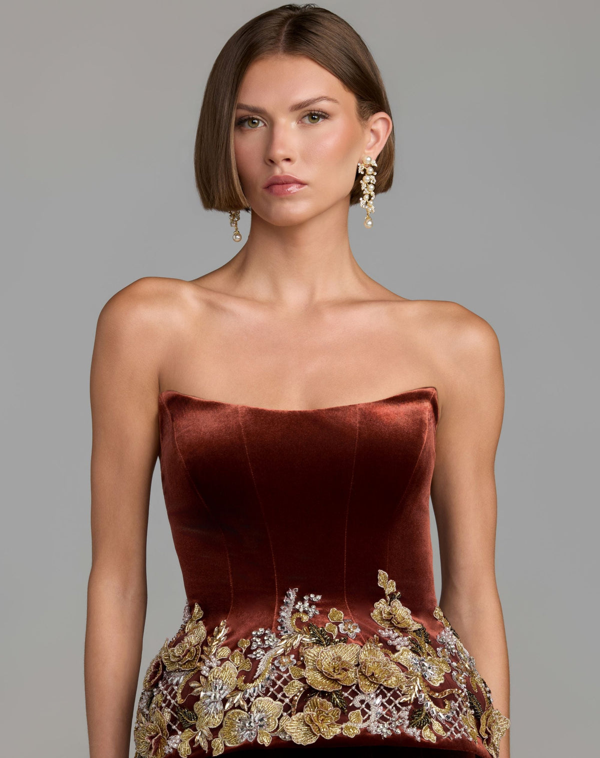 Mac Duggal Cognac Brown Strapless Embellished Velvet Peplum Gown