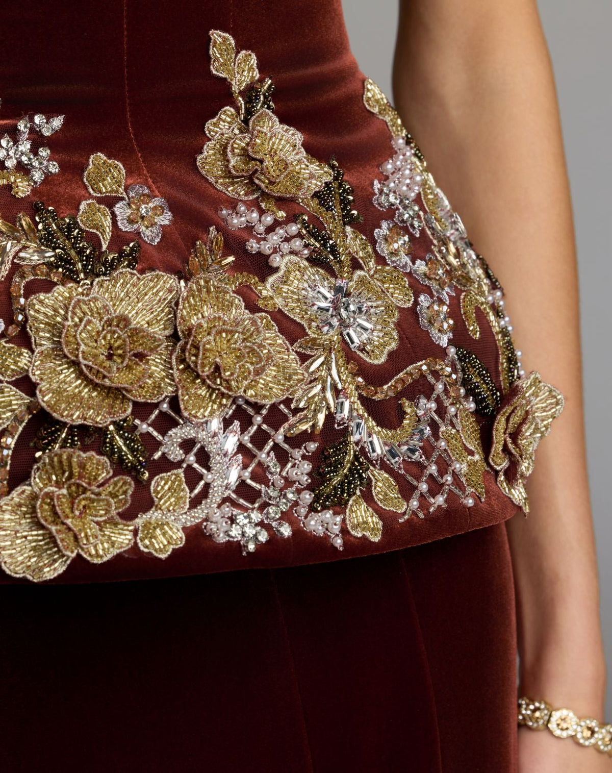 Mac Duggal Cognac Brown Strapless Embellished Velvet Peplum Gown