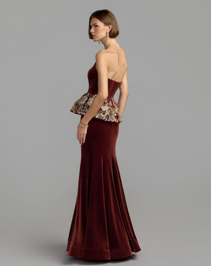 Mac Duggal Cognac Brown Strapless Embellished Velvet Peplum Gown