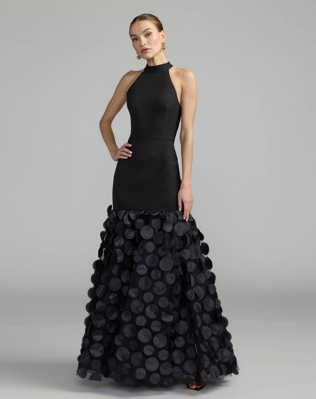 Mac Duggal Black Sleeveless Halter Neck 3D Hem Gown