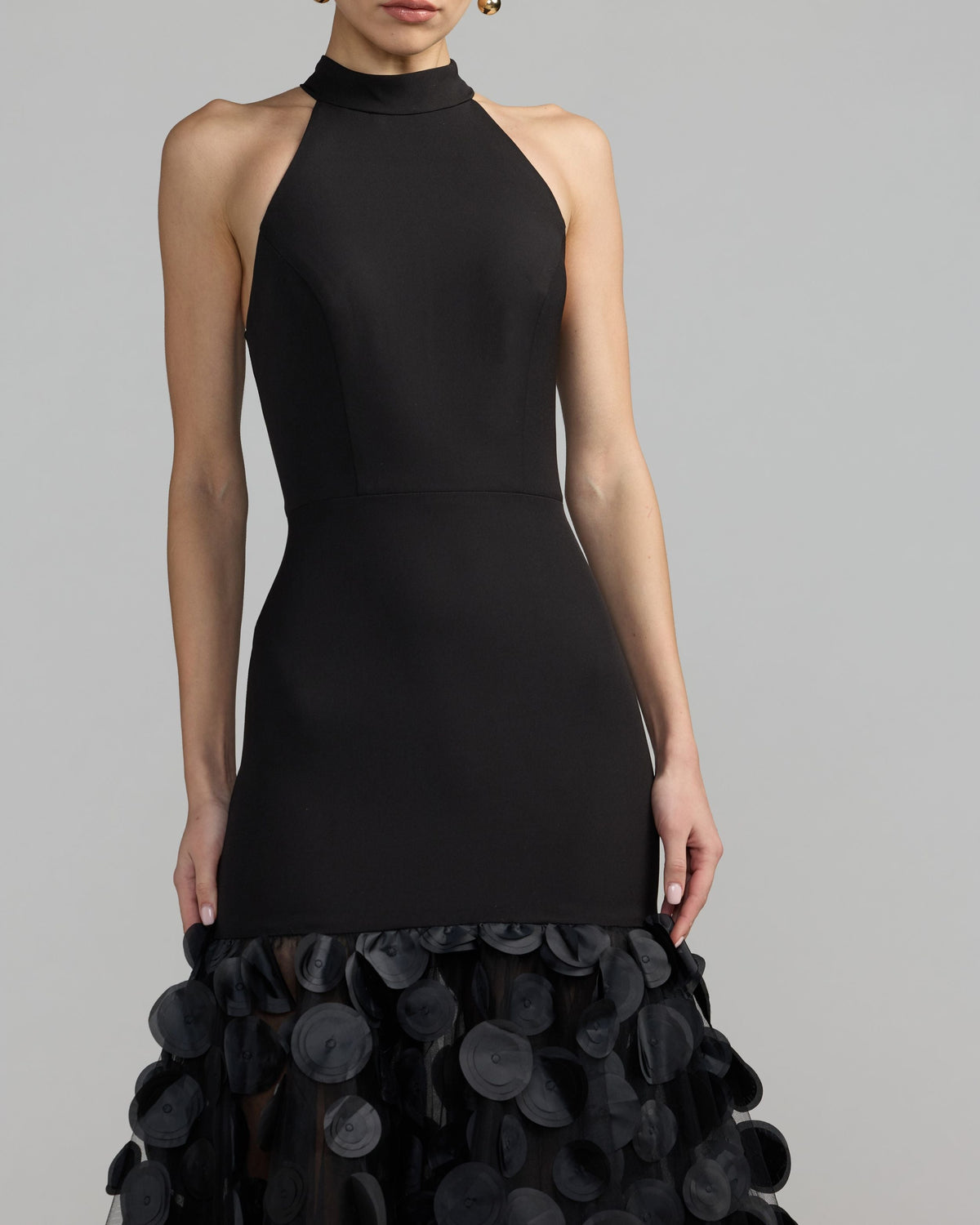 Mac Duggal Black Sleeveless Halter Neck 3D Hem Gown