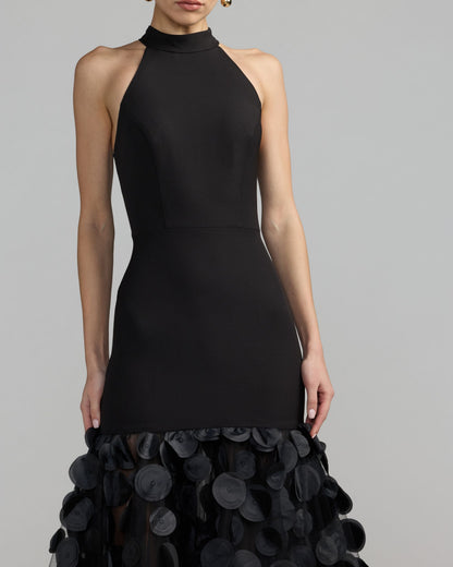 Mac Duggal Black Sleeveless Halter Neck 3D Hem Gown