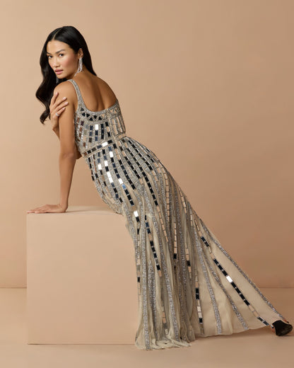 Mac Duggal Silver Mirror Embellished Sleeveless Evening Gown