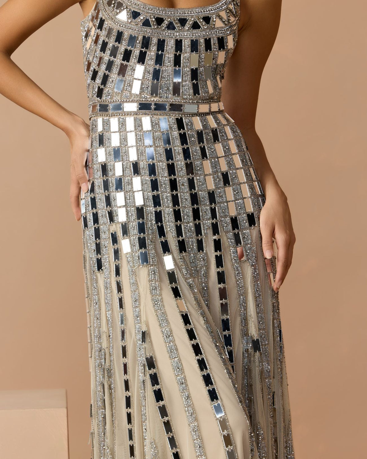 Mac Duggal Silver Mirror Embellished Sleeveless Evening Gown