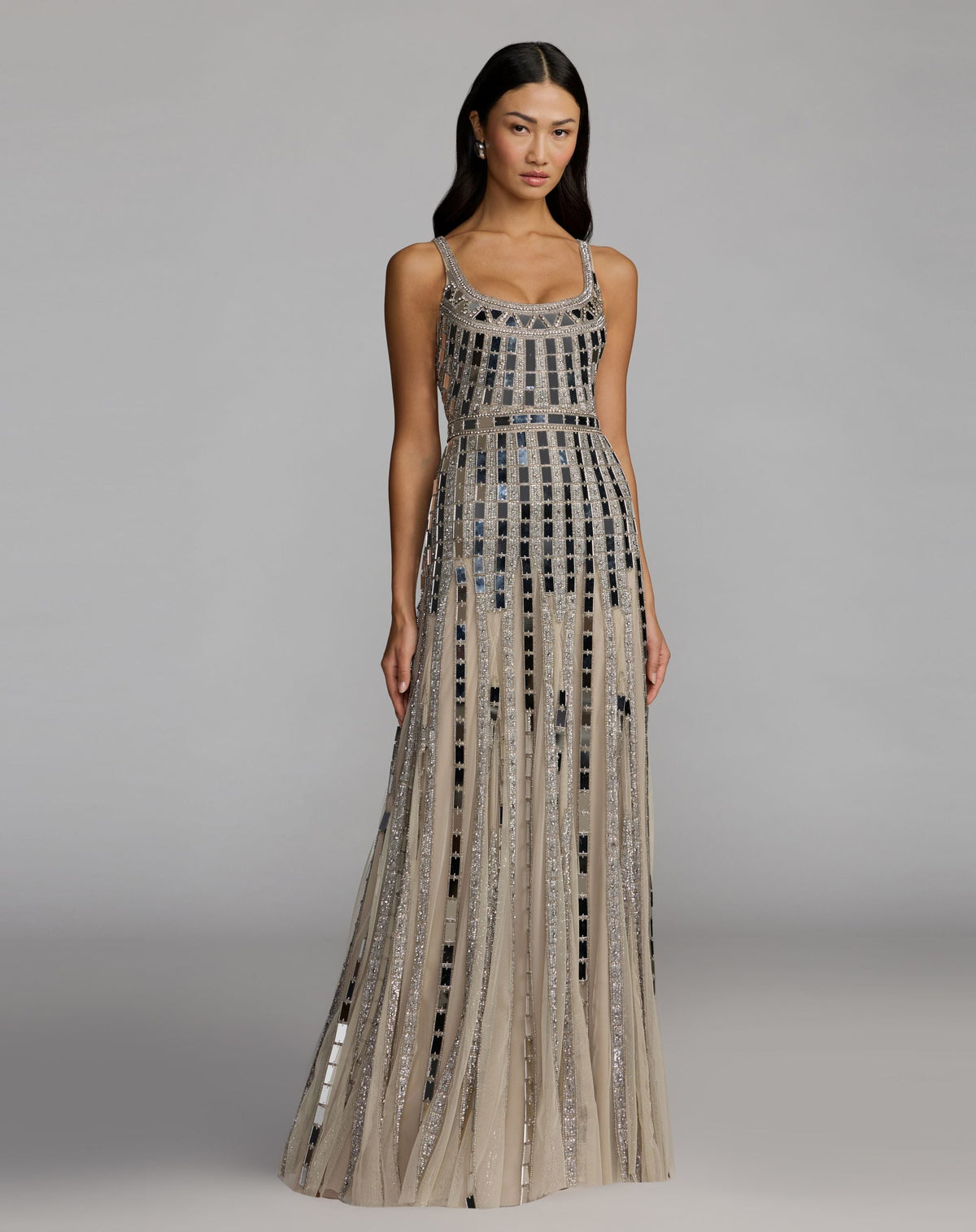 Mac Duggal Silver Mirror Embellished Sleeveless Evening Gown