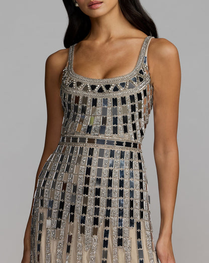 Mac Duggal Silver Mirror Embellished Sleeveless Evening Gown