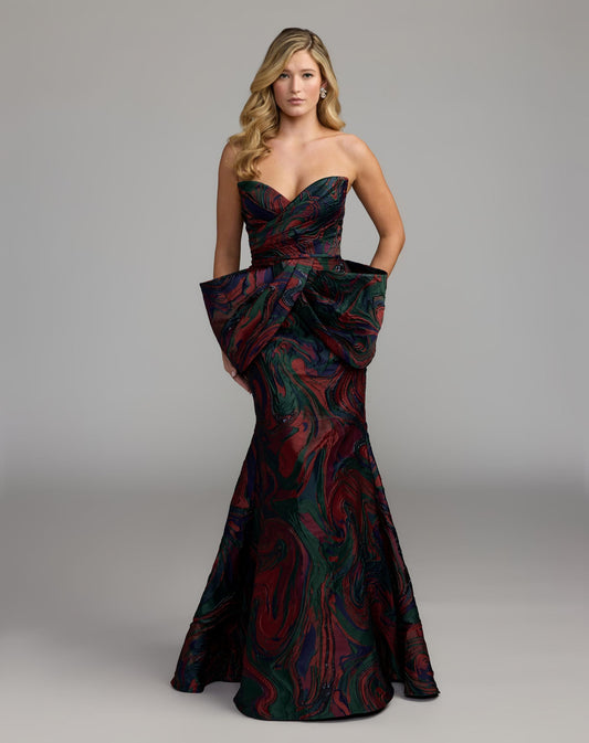 Mac Duggal Multicolor Strapless Brocade Mermaid Gown With Bow Detail