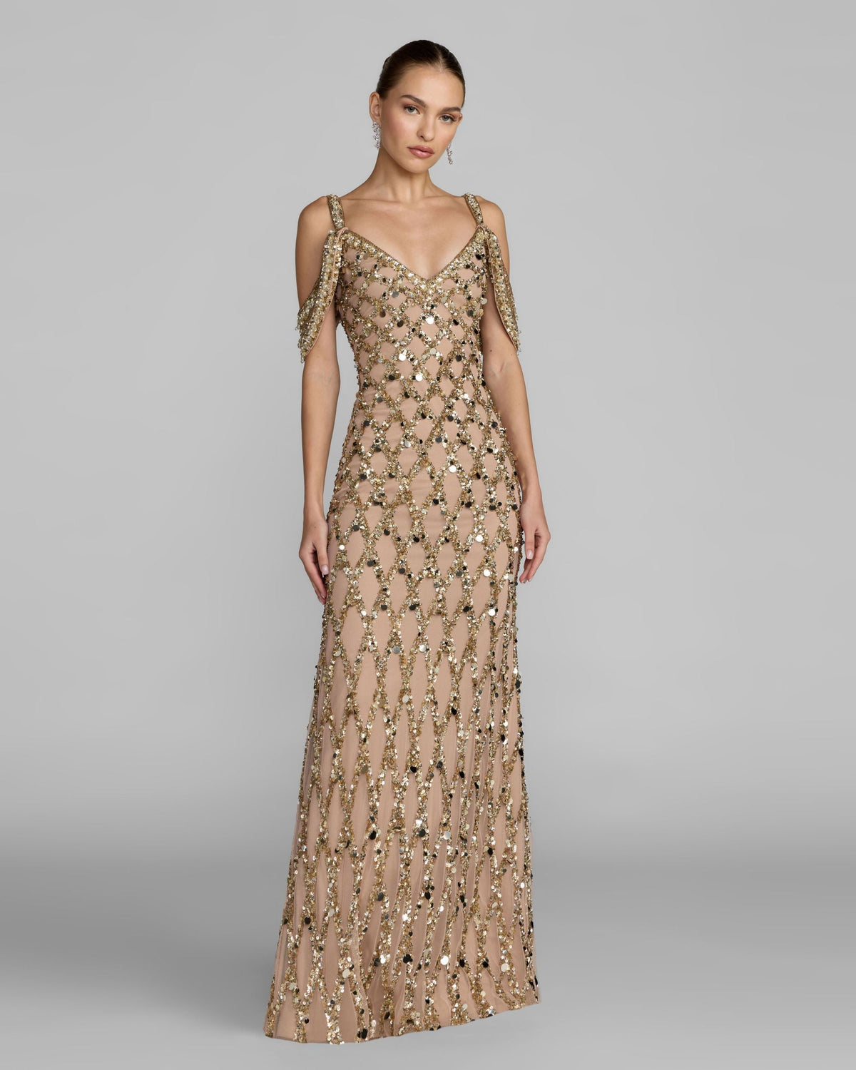 Mac Duggal Gold Sequin Embellished V-Neck Gown