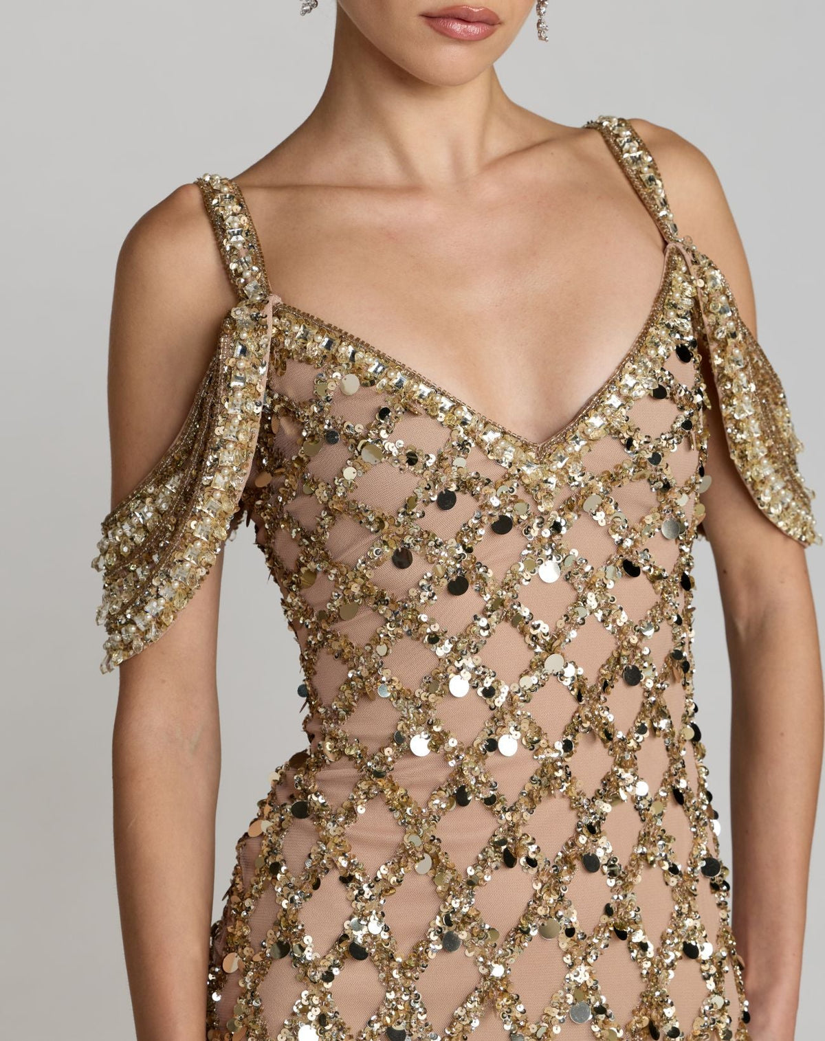 Mac Duggal Gold Sequin Embellished V-Neck Gown