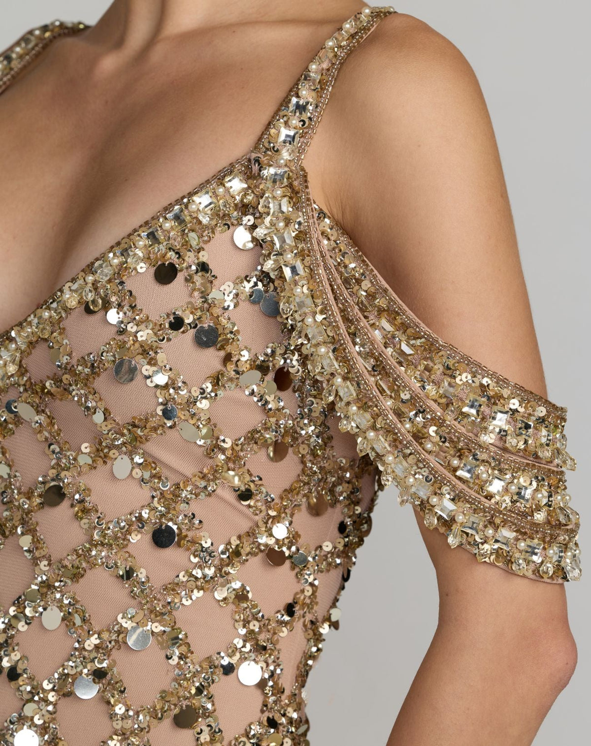 Mac Duggal Gold Sequin Embellished V-Neck Gown