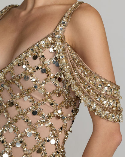 Mac Duggal Gold Sequin Embellished V-Neck Gown