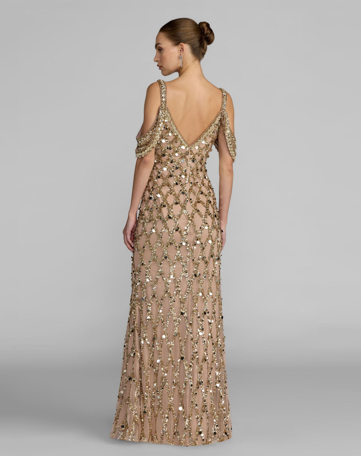 Mac Duggal Gold Sequin Embellished V-Neck Gown