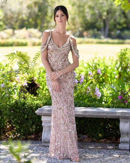 Mac Duggal Gold Sequin Embellished V-Neck Gown