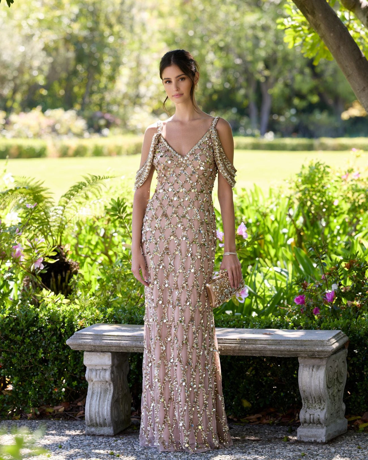 Mac Duggal Gold Sequin Embellished V-Neck Gown
