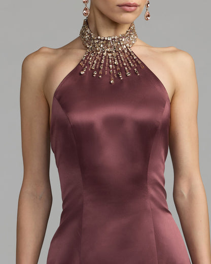 Mac Duggal Plum Satin Embellished Halter Mermaid Gown
