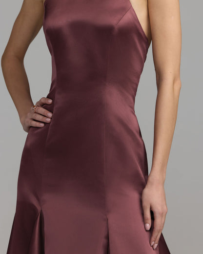 Mac Duggal Plum Satin Embellished Halter Mermaid Gown