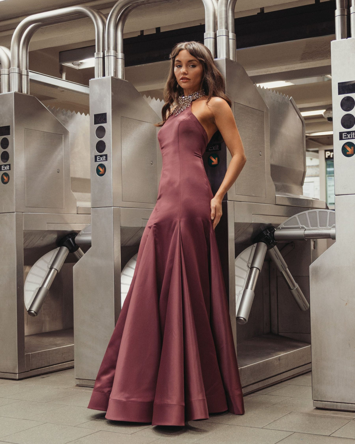 Mac Duggal Plum Satin Embellished Halter Mermaid Gown