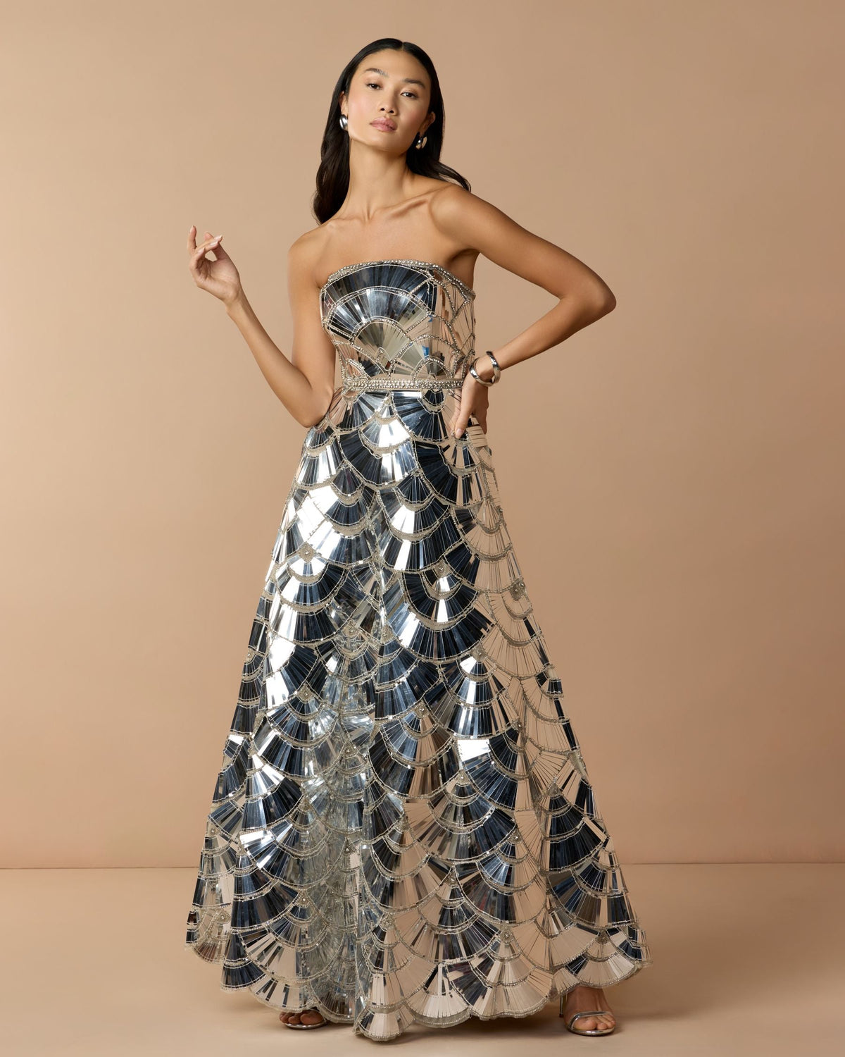 Mac Duggal Silver Hand Embellished Strapless Ball Gown